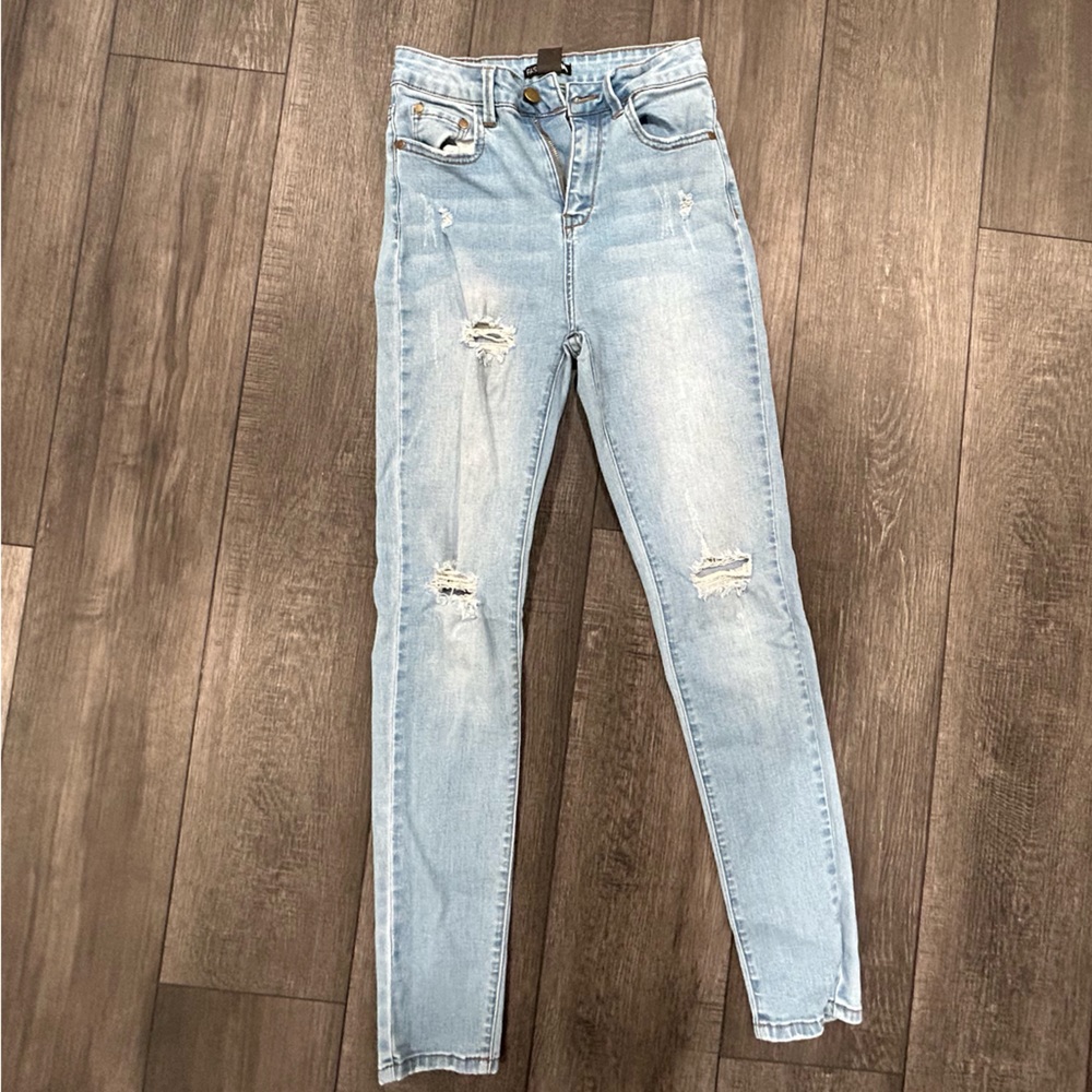 Fashion Nova light Wash Distressed High Rise Skinny Jeans
